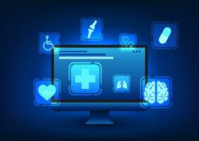 Medical technology Computer with medical icons It shows that patients can contact to consult about their symptoms through the communication system instead of coming to the hospital vector