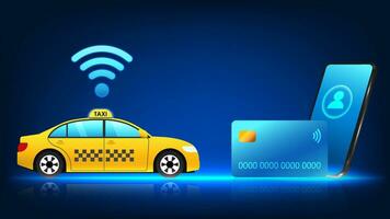 Smartphone technology linked to credit cards can pay taxi drivers via mobile phone. The taxi has a Wi-Fi sign and a mobile phone with a credit card on the front. vector