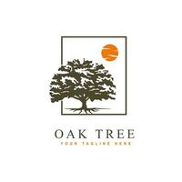 Vector silhouette of oak tree with sun. Nature and ecology logo design template