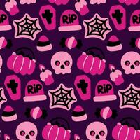 Seamless pattern in pink colors for Halloween with a candy basket, skull, tombstone, candles, spider web on a purple background. Vector festive illustration in cartoon style. Parties packaging fabrics