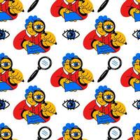 Pattern A man with a magnifying glass checks the record. The concept of finding errors. A man or a student looks at the sheet through a magnifying glass. People search agency, vacancies, detective vector