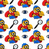 Pattern A man with a magnifying glass checks the record. The concept of finding errors. A man or a student looks at the sheet through a magnifying glass. People search agency, vacancies, detective vector