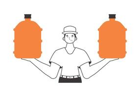 Water delivery concept. A man with a large bottle of water in his hands. Linear modern style. vector