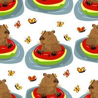 The Capybara pattern floats on a watermelon-shaped circle with a butterfly on its nose. A capybara floating in the water. Kawaii drawing, funny isolated flat illustration. Texture for textiles, paper vector