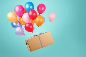 Postal service, shop delivery and online shopping, flying balloons carrying a parcel box, generative ai photo