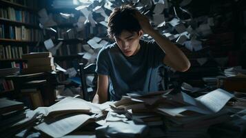 estresado adolescente estudiando a hogar. capturar el realidades de académico presión y estudiar estrés foto