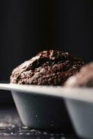 Just baked chocolate muffins in tray, homemade comfort food recipe photo