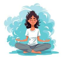 vector ilustración plano ilustración espiritual conciencia linda niña sonrisa en su cara es comprometido en yoga medita en un nube en el cielo