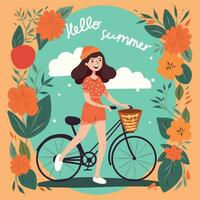 brillante vector ilustración concepto Hola verano linda niña con bicicleta entre flores y plantas naturaleza ajuste tarjeta postal póster plano estilo