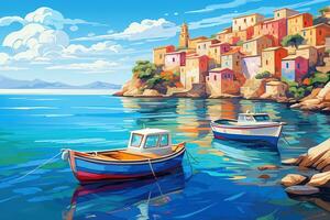 Boat on the sea. Vector illustration of a beautiful island, Colorful seashore city landscape view with beautiful dinghy boats floating on the water. , AI Generated photo