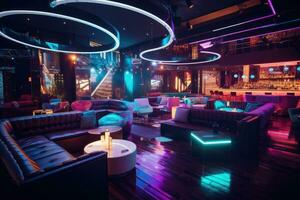 Interior of a beautiful night club with bright lights and sofas, colorful interior of bright and beautiful night club with dark seats and glowing lights, AI Generated photo