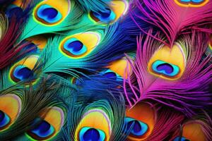 Colorful peacock feathers close-up. Colorful background, Colorful peacock feathers on a colorful background. Close-up, AI Generated photo