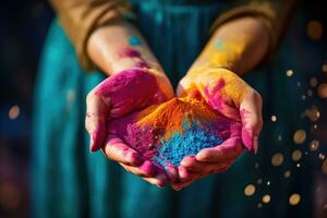 Colorful holi powder in the hands of a girl. Indian festival Holi, Colorful holi powder in hands. Indian festival Holi background, AI Generated photo