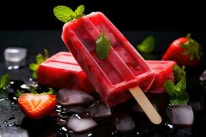 Homemade popsicles with strawberries and ice cubes on black background, Colorful homemade popsicle with strawberry, AI Generated photo