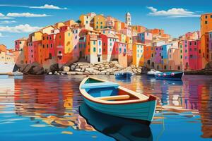 Illustration of the colorful village of Rovinj in Croatia, Colorful seashore city landscape view with beautiful dinghy boats floating on the water. , AI Generated photo