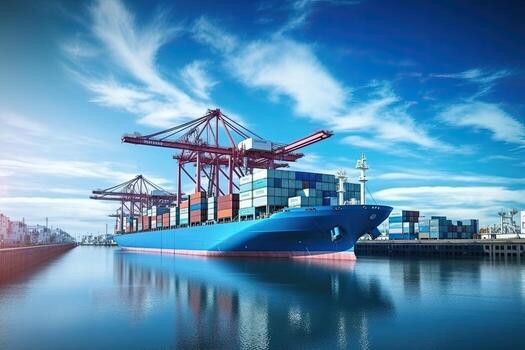 Container Cargo freight ship with working crane bridge at dusk for Logistic, Container Cargo freight ship with working crane bridge in the sea for Logistic Import Export background, AI Generated photo