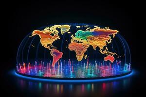 Glowing world map on dark background. 3d illustration. Elements of this image furnished by NASA, Colorful world map hologram with every individual country with different colors, AI Generated photo