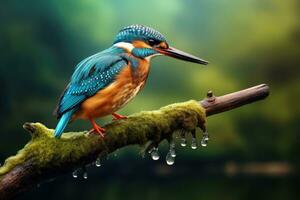 Kingfisher sitting on a branch with water drops on it, Common Kingfisher Alcedo atthis perched on a branch, AI Generated photo