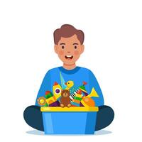 Happy boy kid holding toy box full of toys. Cubes, whirligig, duck, ball rattle, pyramid, pipe, bear, ball, rocket, tambourine, boat. Vector illustration.