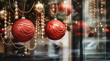 Navidad decoración detalles en Inglés estilizado lujo alto calle ciudad Tienda puerta o compras ventana mostrar, fiesta rebaja y tienda decoración foto
