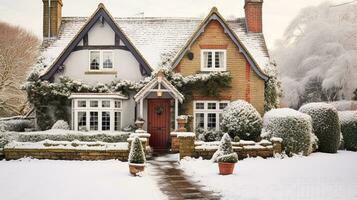 Beautiful country cottage decorated for Christmas on a snowy winter day, holiday and celebration, generative ai photo