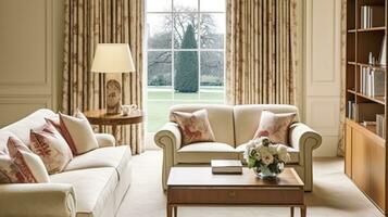 interior diseño, hogar decoración, sentado habitación y vivo habitación, blanco sofá y mueble en Inglés país casa y elegante cabaña estilo foto