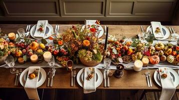 Autumn holiday tablescape, formal dinner table setting, table scape with elegant autumnal floral decor for wedding party and event decoration photo