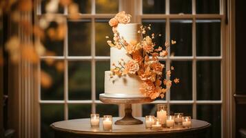 Wedding cake design, autumnal dessert styling and holiday decoration, multi-tier cake for an autumn event venue, food catering service and elegant country decor, cottage style photo