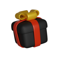 Black friday, cute black present box with gold bow. 3D render icon png