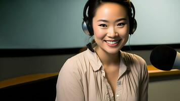 asiático radio anfitrión con auriculares y micrófono sonriente. generativo ai foto
