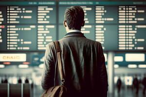 a businessman standing in front of a digital screen displaying information on departure and arrival times and flights at an airport. generative Ai photo