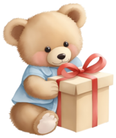 Cute teddy bear with a gift box isolated. AI Generative png