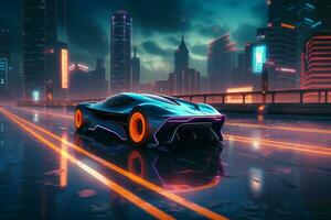 Futuristic Speed Racing Through Neon City. generative AI. photo