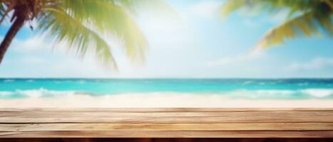 generative AI. Relaxing Summer Vibes A Serene Wooden Table Against a Blue Sky, Overlooking a Palm Leaf-Blurred Bokeh Background of the Sea photo