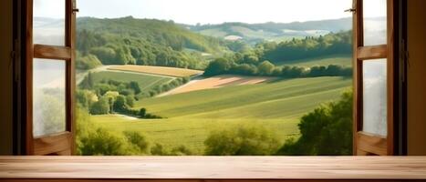 generative AI. Serene Vineyard View with Rustic Oak Table photo