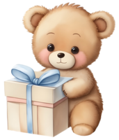 Cute teddy bear with a gift box isolated. AI Generative png