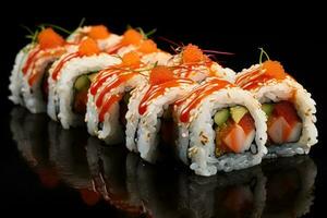 Sushi roll with salmon, avocado and cucumber on black background, Artistic recreation sushi rolls with salmon and white rice with a punctual light, AI Generated photo