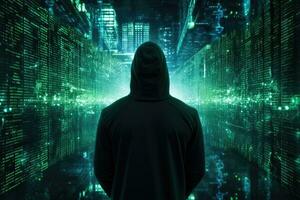 Rear view of hacker in hoodie looking at night city with binary code, Anonymous hacker, surrounded by a network of glowing data, AI Generated photo