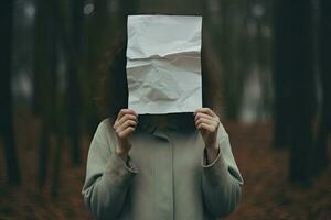 Young woman covers her face with a sheet of paper in the forest, anonymous woman covering face with paper, AI Generated photo