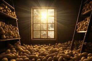 Potatoes in a warehouse with a window in the background. 3d rendering, Artistic recreation of potatoes harvested in a storage with light entering through the windows, AI Generated photo