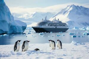 Gentoo penguins and cruise ship, Antarctic Peninsula, Antarctica, Antarctica penguins and cruise ship, AI Generated photo