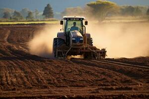 Peanut tractor working on the field in the early morning light. Application of manure on arable farmland, AI Generated photo