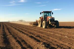 granjero en tractor preparando tierra con semillero cultivador a primavera, solicitud de estiércol en cultivable tierras de cultivo, ai generado foto