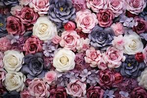 Close up of colorful artificial flowers. Floral background. Top view. Artificial Flowers Wall for Background in vintage style, AI Generated photo