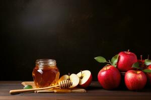 Honey in a jar, apples and honey dipper on wooden table. Apple and honey, traditional food of jewish New Year Rosh Hashana. Copy space background, AI Generated photo