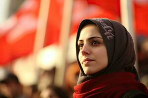 Gezi Park Public Protest against the government, Arab woman protesting at a social rally, AI Generated photo