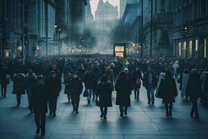 Crowds of people walking in central London at night. Anonymous crowd of people walking on city street, AI Generated photo