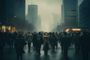 Crowd of people walking on the street in a foggy day, Anonymous crowd of people walking on city street, AI Generated photo