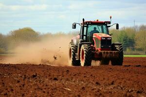 tractor arada un campo con semillero cultivador en temprano primavera, solicitud de estiércol en cultivable tierras de cultivo, ai generado foto