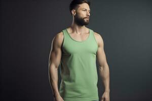 Generative AI. Blank Green Tank top Mock up on Male Model Showcase Your Designs in Style photo